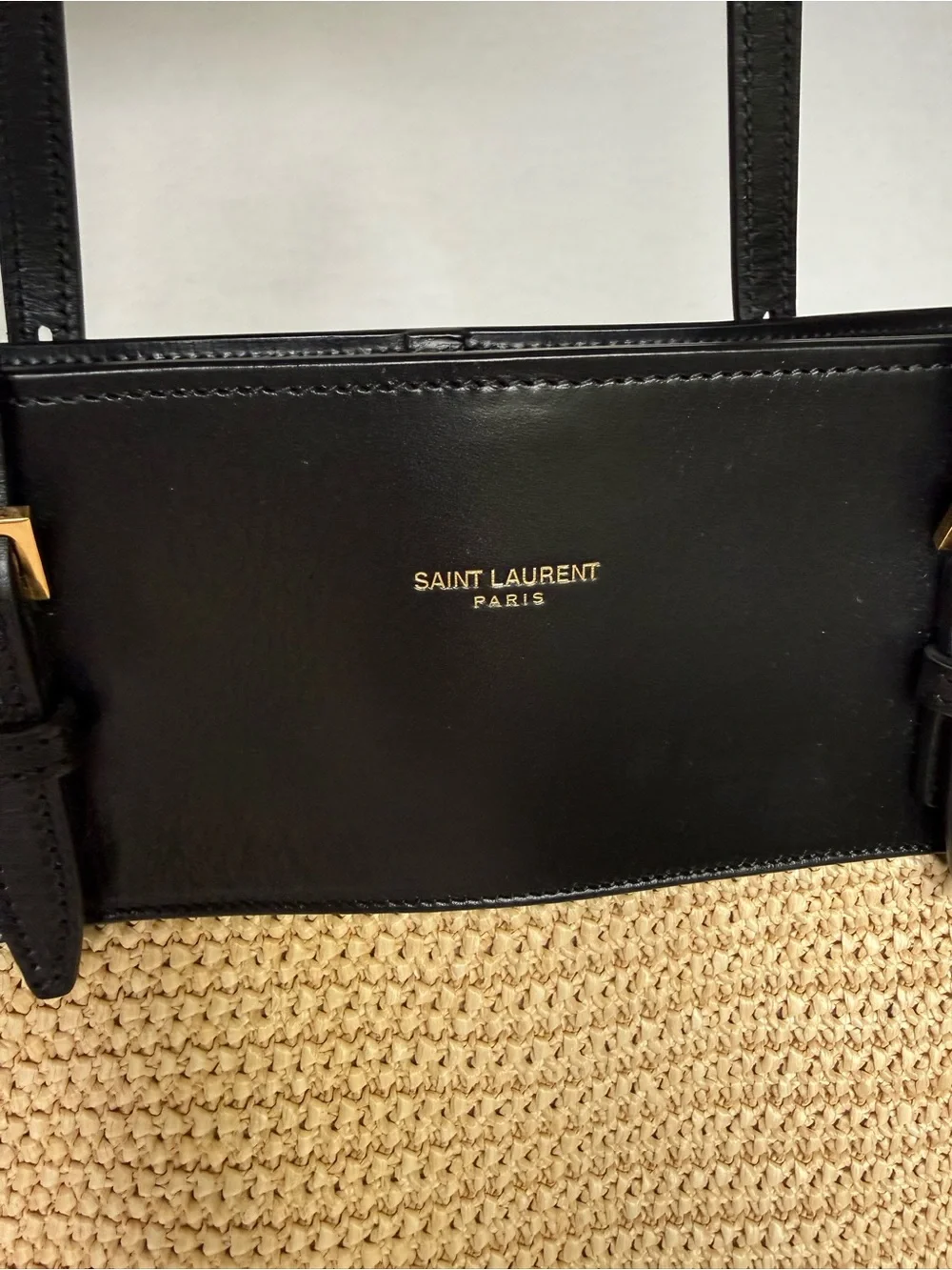 Authentic Saint Laurent Black & Natural Boucle Raffia Tote Bag with Dust Bag